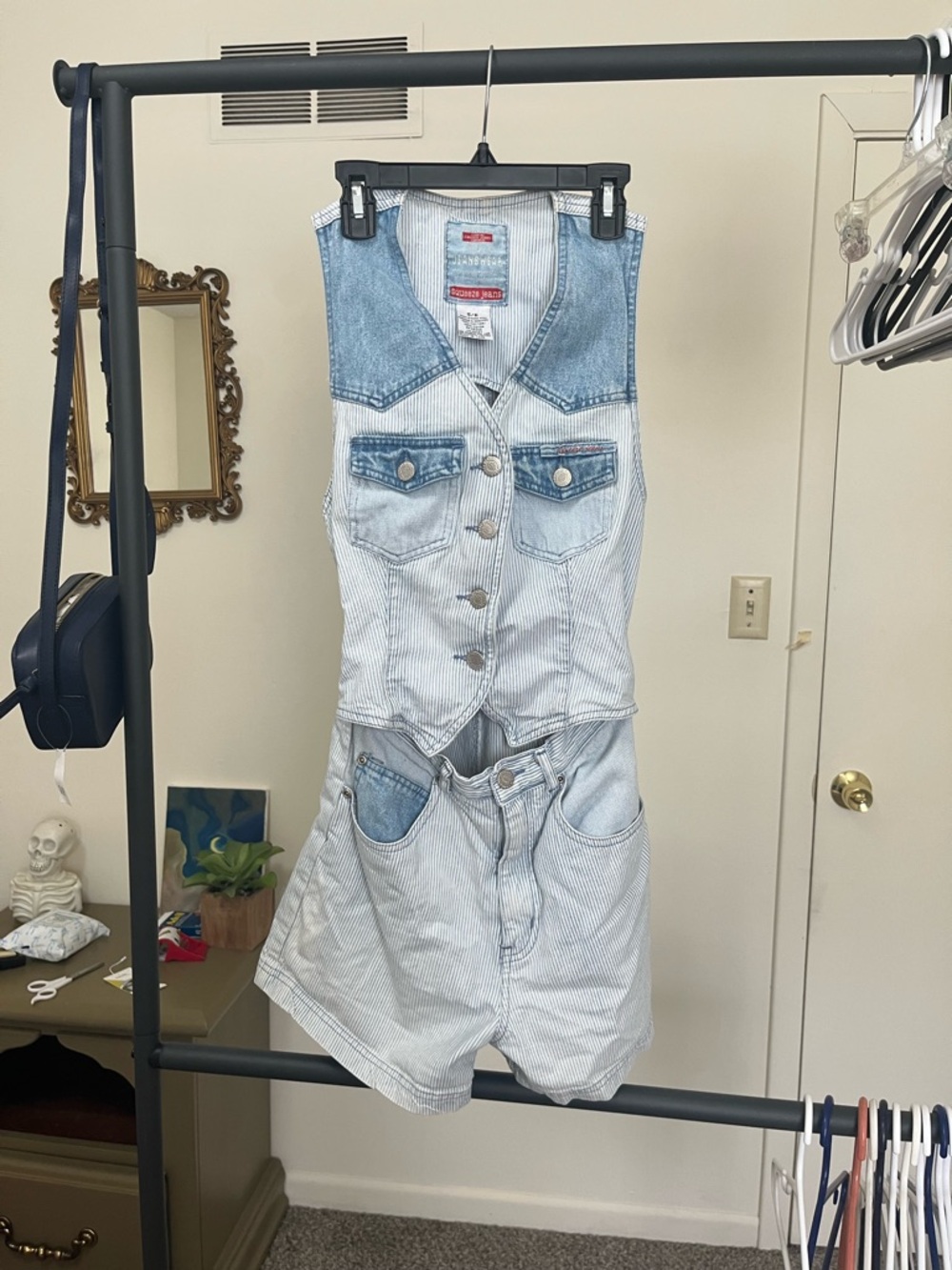 Vintage Squeeze Jeans Light Blue Striped Denim Vest with Washed Pockets Romper